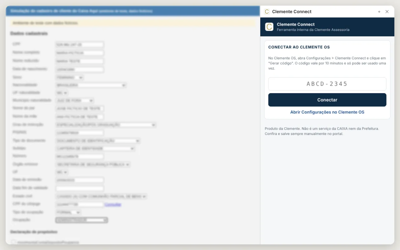 Conecte com um código: tela do Clemente Connect com dados fictícios