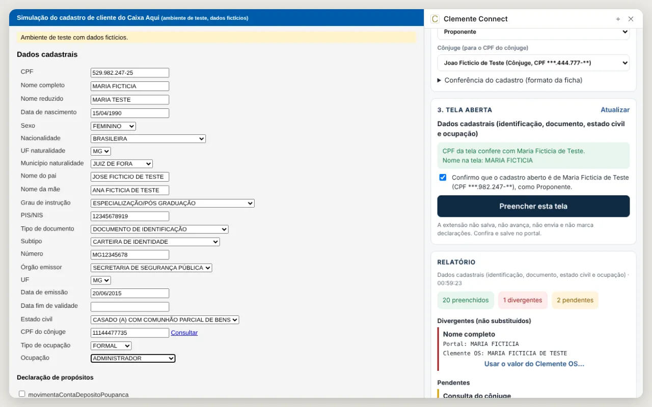 Painel do Clemente Connect ao lado de uma tela de cadastro com dados fictícios