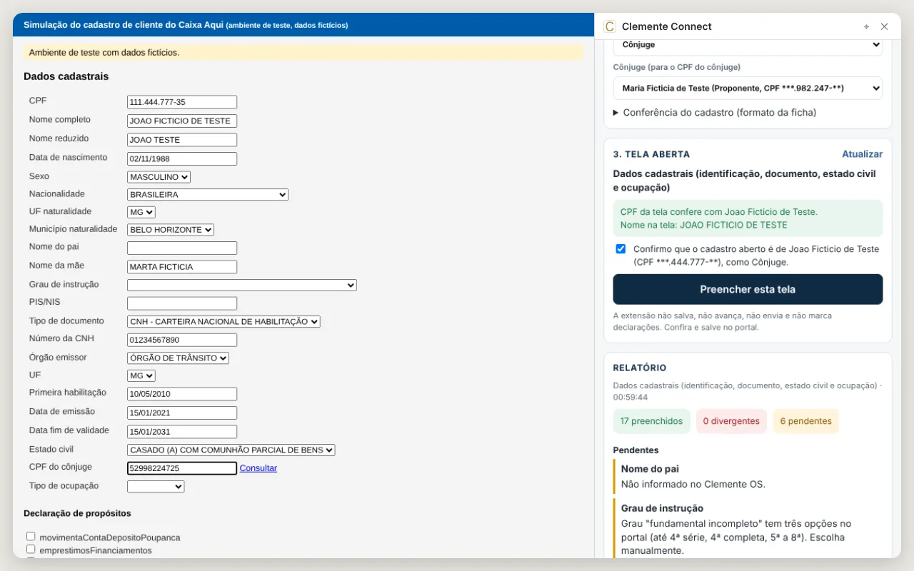 Relatório do que falta: tela do Clemente Connect com dados fictícios